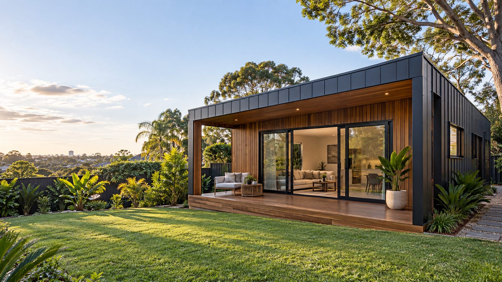 Modern modular granny flat with timber cladding